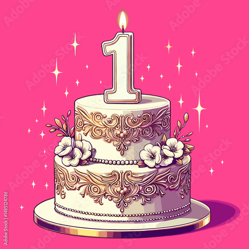 Two-tier cake with number 1 candle on pink background in retro Pop Art vector style 