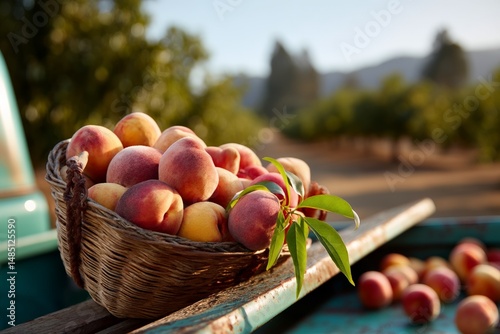 Basket of ripe peaches on truck bed in orchard at sunset