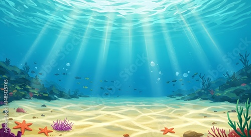 Fototapeta Naklejka Na Ścianę i Meble -  Ocean Floor Illustration Sunbeams Illuminate Sandy Seabed with Coral Reef and Fish
