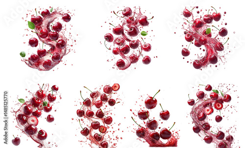 swirling tornado made of cherry, floating cherry dynamic spiral motion juse, realistic fruit texture, bright juicy colors, high-speed splash effect, isolated on transparent background