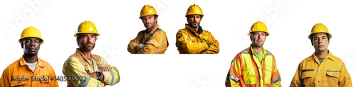 confident construction worker stands wearing bright yellow hard hat and uniform, symbolizing professionalism and expertise on transparent background