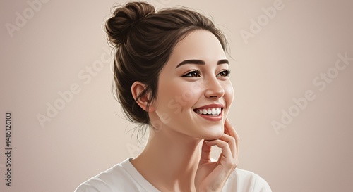 Smiling Young Woman Gently Touching Her Face in a White Shirt With Brown Hair in a Bun in a Studio Setting Promoting Beauty and Skincare Products
