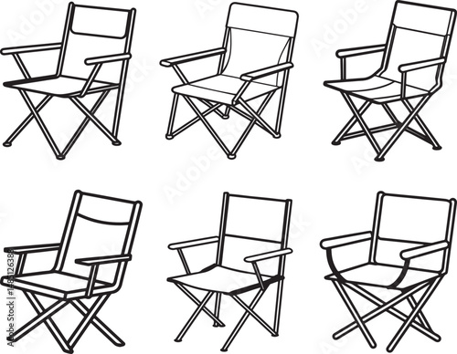 set of camping chair line art, black outline, vector and illustration, coloring book page line art drawing