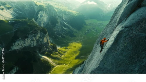 A drone view of a mountaineer climbing a high mountain alone with ropes and equipment. Climber seen in close-up. There is a green valley below.