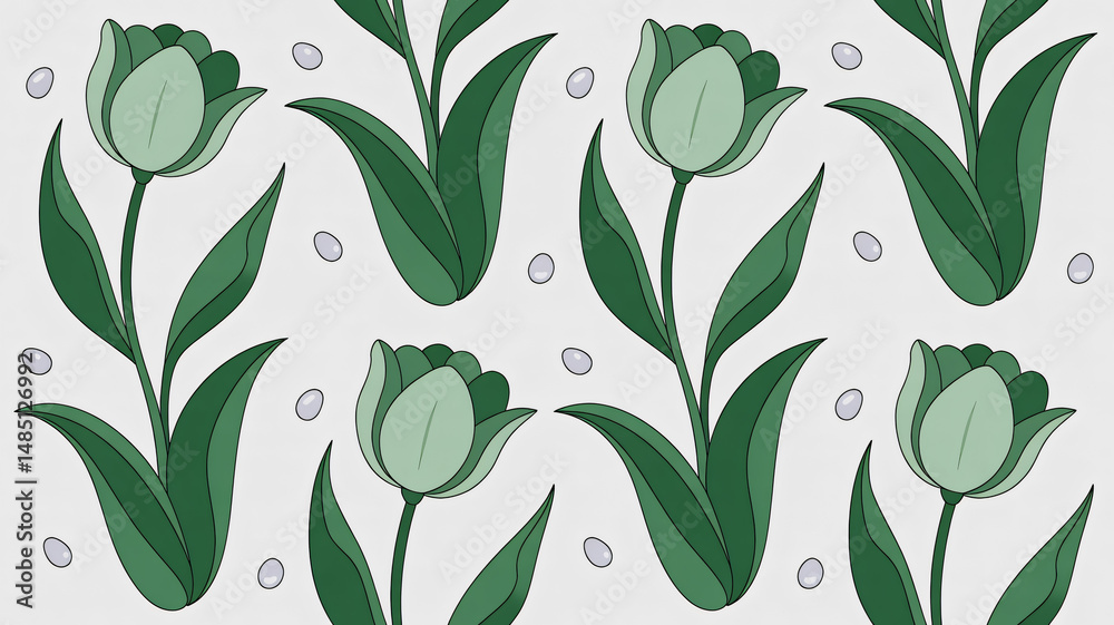 Serene seamless pattern featuring stylized green tulips on a white background