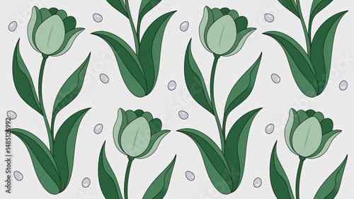 Obraz na płótnie Serene seamless pattern featuring stylized green tulips on a white background w salonie