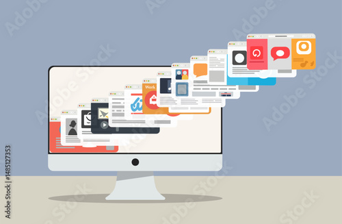 A stream of opening windows from a computer monitor. Many browser tabs are open. Vector illustration