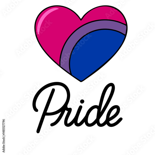 A vector illustration of a bisexual pride heart with a bold, stylized Pride script below, showcasing vibrant pink, purple, and blue colors against a white background.