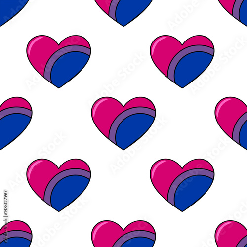 Seamless vector pattern of stylized bisexual pride hearts with a glossy effect, featuring a vibrant pink, purple, and blue color scheme.