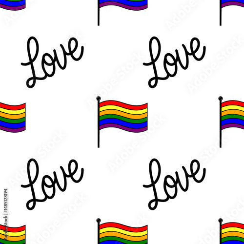 Seamless vector pattern featuring vibrant rainbow flags and the word Love in a playful, hand-drawn style, perfect for Pride celebrations and LGBTQ+ themed designs.