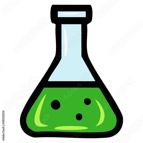 A playful vector illustration of a cartoon Erlenmeyer flask filled with bright green liquid, featuring a bold black outline and subtle shading for a whimsical feel.