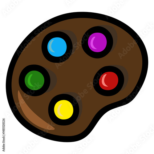 Artistic vector illustration of a brown paint palette with vibrant colored paint blobs, perfect for creative projects and design elements.
