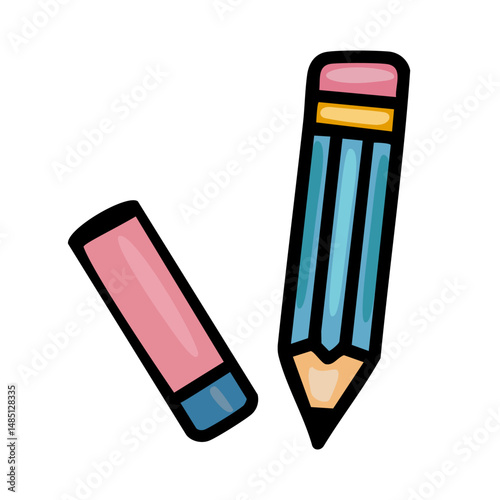 A playful vector illustration of a pencil and separate eraser, featuring a bold outlined style with pastel pink, teal, and gold accents.
