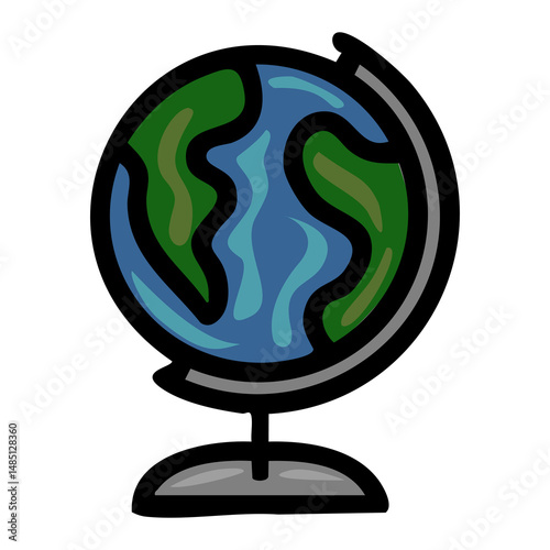 A stylized vector illustration of a globe, featuring a bold black outline, simplified landmasses in shades of green, and a blue ocean with wavy lines, resting on a gray stand.