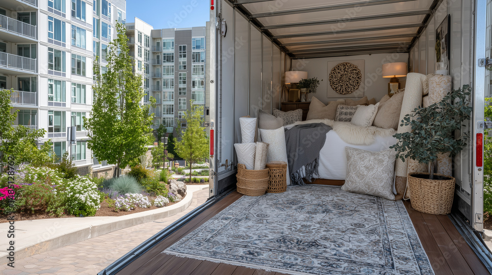 Fototapeta premium A spacious open truck bed showing lamps, rolled rugs, and kitchen boxes arranged neatly for easy access on the edge of a sunny residential complex