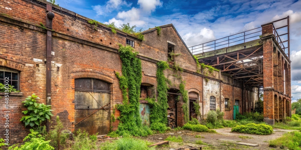 Derelict warehouse with overgrown vegetation and crumbling brickwork Derelict warehouse with overgrown vegetation and crumbling brickwork