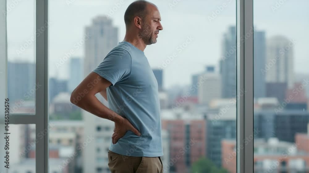 Man in cityscape background clutching lower back in pain, possibly due to posture or work-related strain – perfect for chiropractic or back-pain therapy promotions.