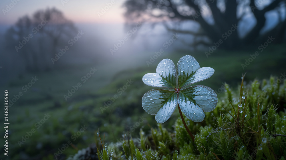 Silver four-leaf clover in a misty landscape