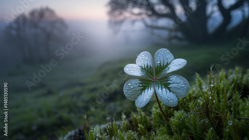 Obraz na płótnie Silver four-leaf clover in a misty landscape w salonie
