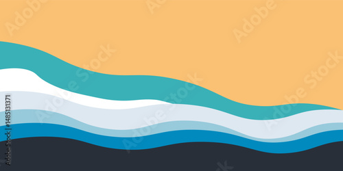 Abstract blue sea and beach summer background with paper waves and seacoast for banner, invitation, poster or web site design. Paper cut style, 3d effect imitation, space for text, vector.
