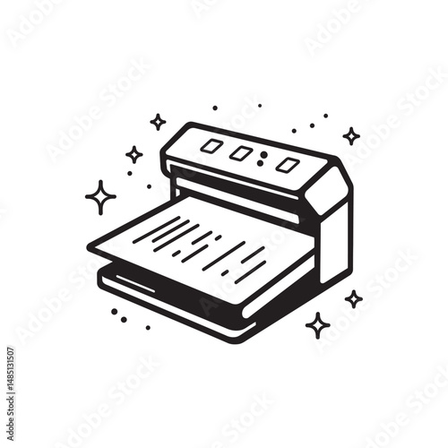 Detailed laminator machine processes a paper with geometric stars on transparent background