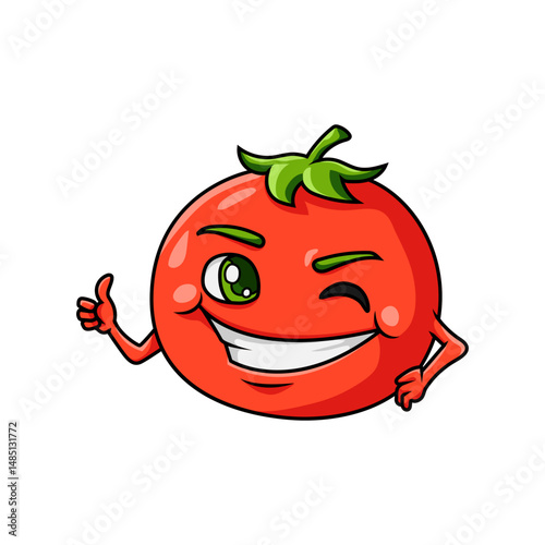 Cute Tomato mascot cartoon design with wink eye and thumb up pose. best for your food business icon.
