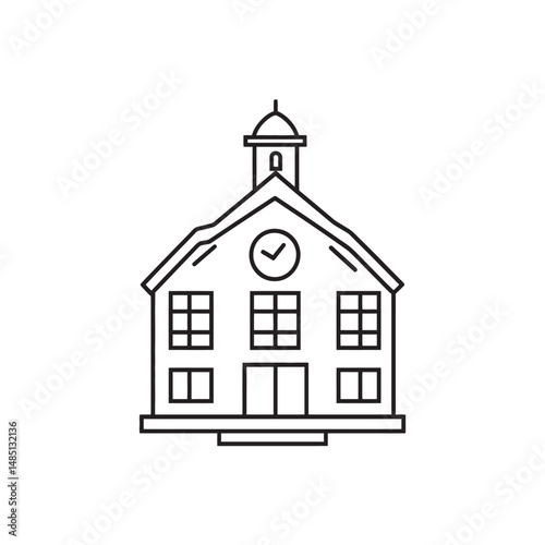 Detailed line art depicts a twostory building with windows, doors, a clock, and spire