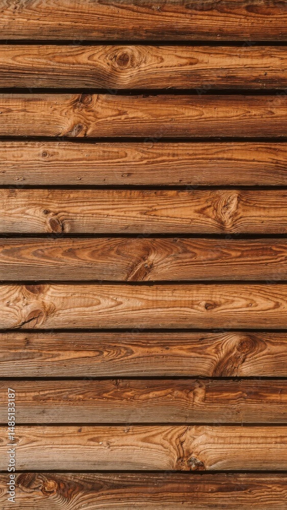Naklejka premium Close-up of aged wooden wall with rich grain patterns, showcasing natural warmth and organic texture.