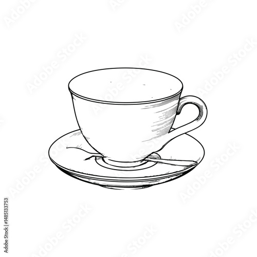 Detailed line drawing shows a teacup and saucer with a small spoon nearby