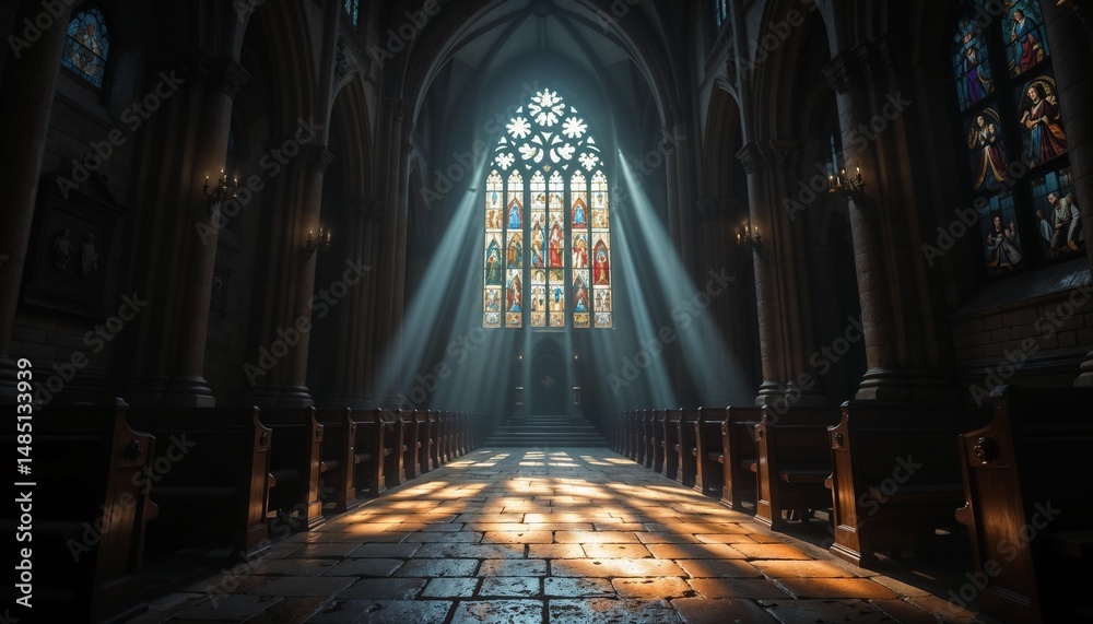Fototapeta premium Colored Light Ray in Historic Church Interior
