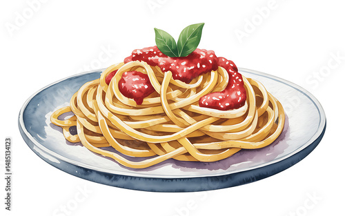 Carbonara pasta on a plate, watercolor clipart illustration with isolated background.
