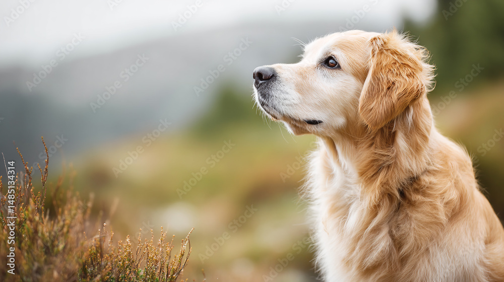Obraz premium Cute golden retriever dog in the nature. Spring summer season. Banner template for dog training courses