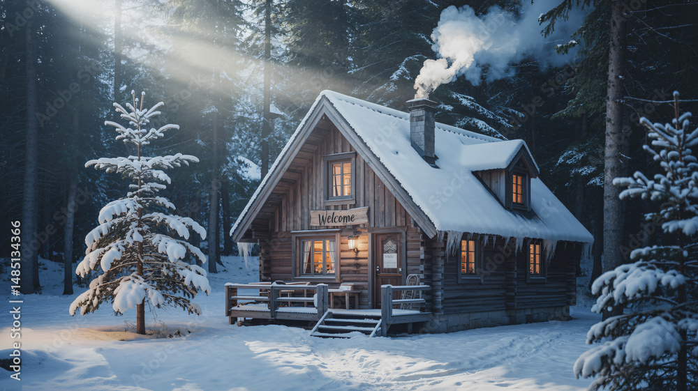 Snowy winter cabin nestled in a tranquil forest