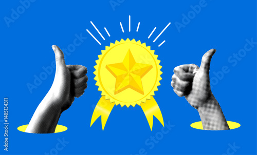 Halftone hands with thumbs up and quality assurance medal. Quality guarantee with star and ribbon. Gold star award. Medal of merit. Modern collage