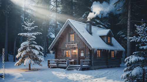 Snowy winter cabin nestled in a tranquil forest