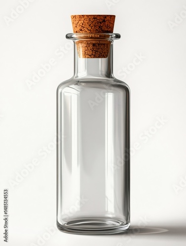Empty glass bottle with cork lid on white background