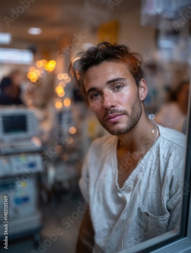 Young male healthcare worker in hospital setting looking through window with medical equipment in background photo