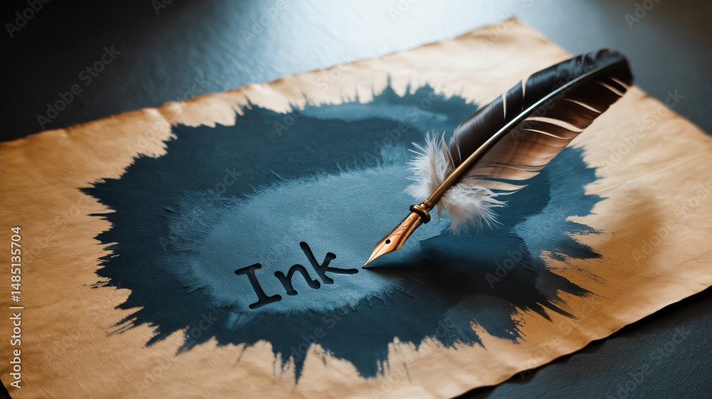 Spilled ink blot with a feather pen