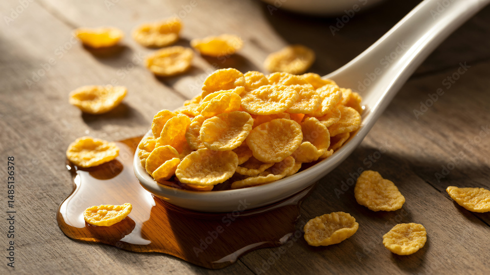 Spoonful of golden cornflakes scattered
