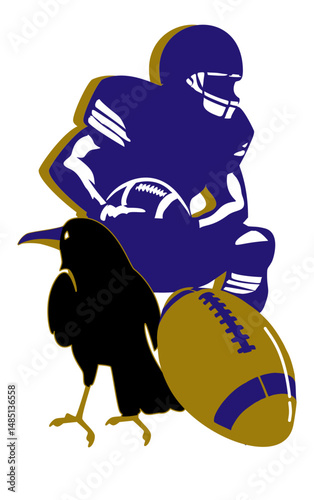 Football Player, ball  and a raven combined in a bold vector design. Black, gold and purple color scheme, perfect for strong, aggressive sports graphics and team-themed artwork.