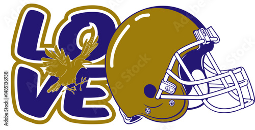 Love written in Purple and gold with a Raven at the center and a football helmet next to the text. Bold vector design in street art style, perfect for sporty, dynamic illustrations.