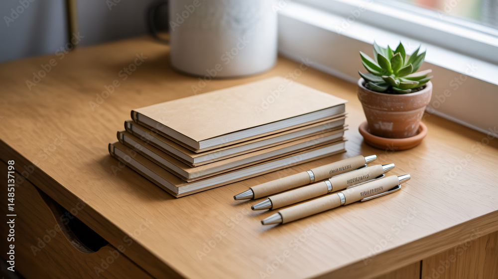 Stack of kraft paper notebooks and recycled paper pens arranged on a desk with greenery