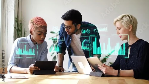 Three diverse coworkers collaborate on a project, looking at tablets and analyzing data displayed as digital charts and graphs.