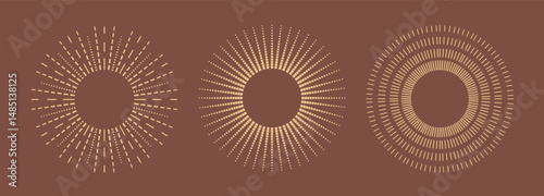 Bohemian style gold sun shapes. Abstract mystic thin line star rays vector elements