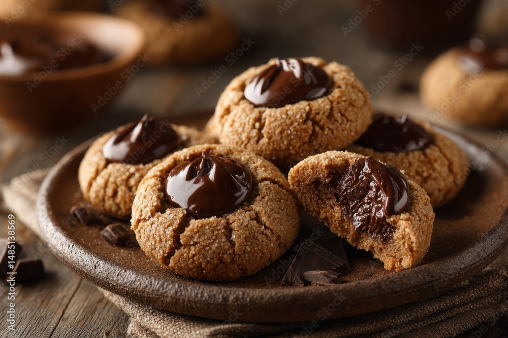 Fototapeta premium Elegant arrangement of dried cookies with melted chocolate filling, served on a white platter, emphasizing their texture and deliciousness