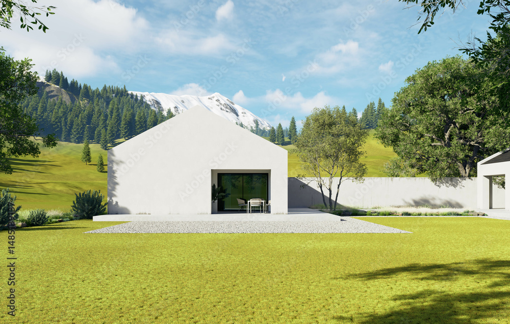 Fototapeta premium Contemporary Architectural Design Set Against a Serene and Picturesque Mountain Landscape