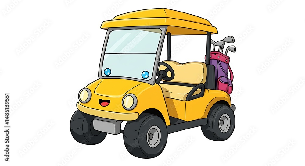 Obraz premium Adorable Cartoon Golf Cart Illustration Happy Yellow Golf Buggy