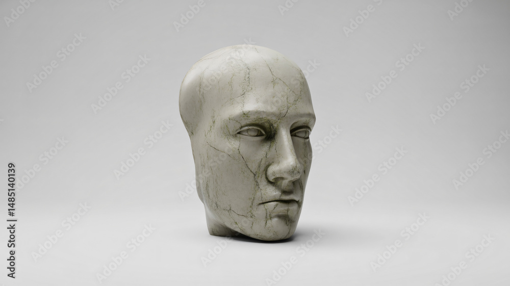 Stone sculpture of a face in profile on a white background