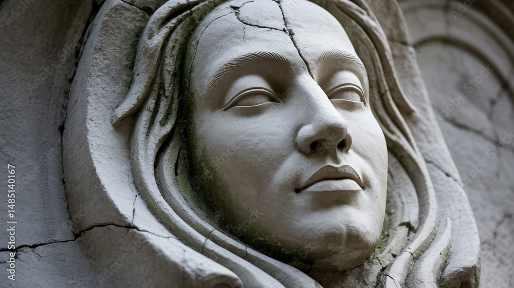 Stone carving of a peaceful face with closed eyes on grey