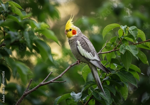 Bird Sitting on Branch with Green Leaves in Natural Setting